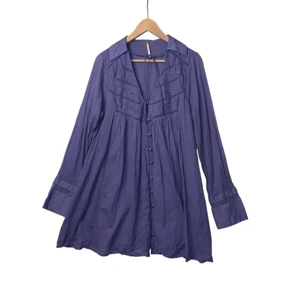 Free People Embroidered Bohemian Western Babydoll Mini Dress Periwinkle Sz M - Picture 3 of 13